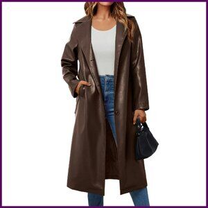 Long Faux Leather Trench Coat with Belt, Open Front, Knee Length